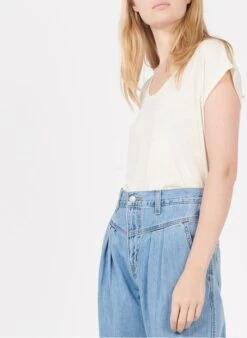 Pieces White V-neck T-shirt With Metallic Thread Pinstripes