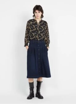 MAISON 123 KATE - Raw Denim Flared Cotton Midi Skirt