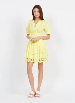 Suncoo CALYSSA - Yellow Short Embroidered Cotton Dress