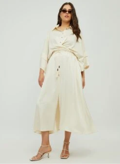 Beige Long Satin-effect Skirt