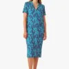 EUGENIE - Blue Printed Midi Dress With Lapel Neck