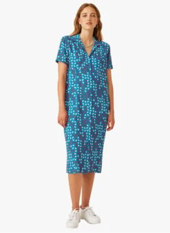 EUGENIE - Blue Printed Midi Dress With Lapel Neck