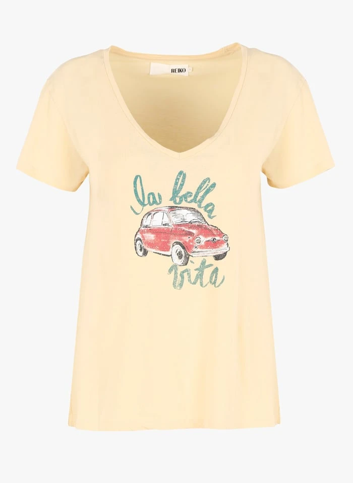 Reiko TAYLOR - Beige Printed Cotton V-neck T-shirt - Image 3