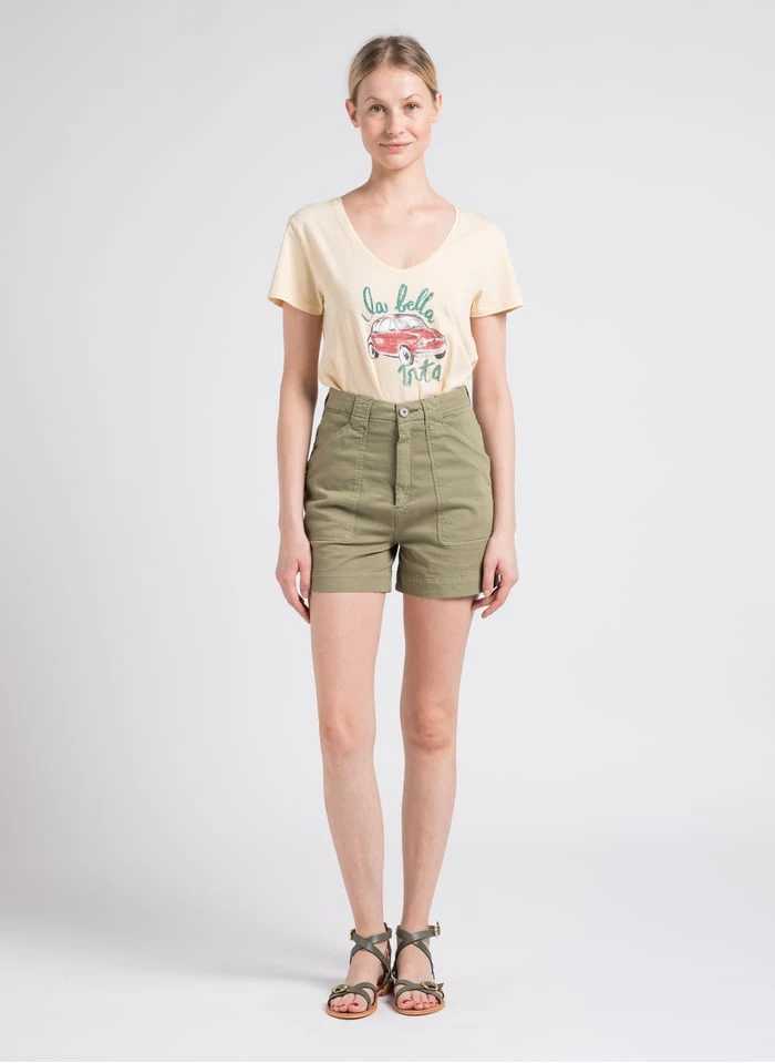 Reiko TAYLOR - Beige Printed Cotton V-neck T-shirt - Image 4