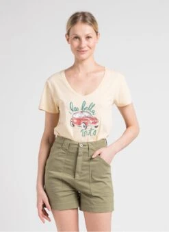 Reiko TAYLOR - Beige Printed Cotton V-neck T-shirt