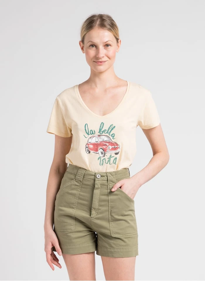 Reiko TAYLOR - Beige Printed Cotton V-neck T-shirt