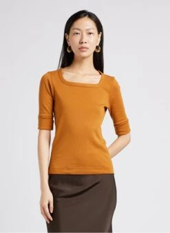 Soeur PAQUITA - Brown Square-neck Cotton T-shirt