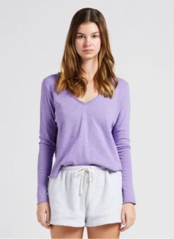 American Vintage SONOMA - Purple V-neck Cotton T-shirt