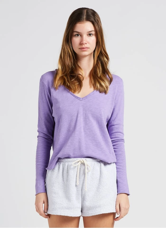 American Vintage SONOMA - Purple V-neck Cotton T-shirt