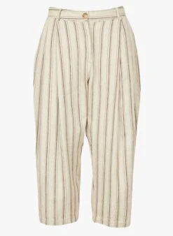 OLIVIA - Beige Striped Linen-blend Capri Pants