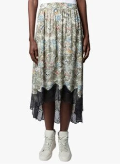 Zadig & Voltaire JOSLIN - Khaki Printed Viscose Midi Skirt