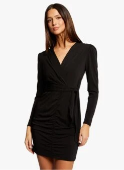 MORGAN RTUBE - Black Draped V-neck Dress