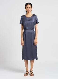 American Vintage WIDLAND - Blue Round-neck Satiny Midi Dress