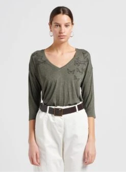 Ikks Khaki Long-sleeved Viscose-blend T-shirt