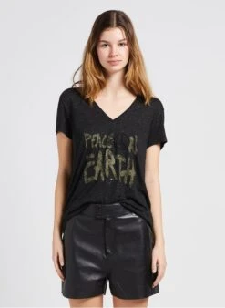 Ikks Black V-neck T-shirt With Beaded Screen Print