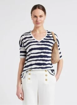 GERARD DAREL ADALINA - Blue V-neck Striped Linen T-shirt