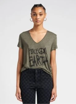 Ikks Khaki V-neck T-shirt With Beaded Screen Print