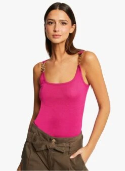 MORGAN DIDO - Pink Tank Top With Square Neckline And Chain Straps