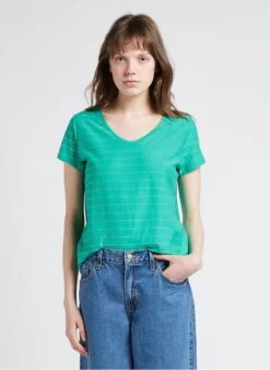 Pieces MILONA - Green Round-neck T-shirt With Metallic Thread Stripes