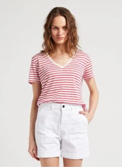 GERARD DAREL ARI - Pink V-neck Striped Linen T-shirt