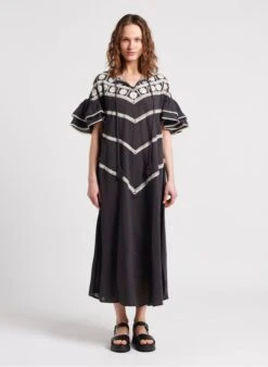 STELLA FOREST LIZZY - Black Long Loose-fit Embroidered Cotton Henley Dress