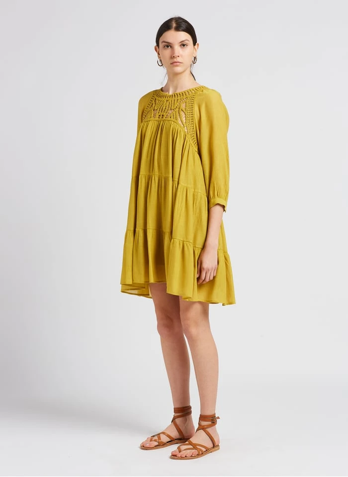 SEE U SOON Yellow Short Macramé Round-neck Dress - Image 4
