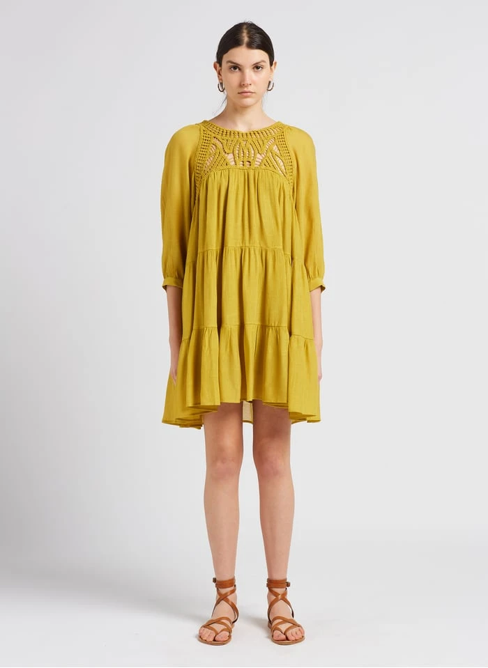 SEE U SOON Yellow Short Macramé Round-neck Dress