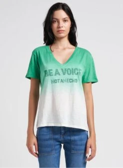 BERENICE ENOYA VOICE - Green Cotton Tie-dye Printed V-neck T-shirt With Diamanté