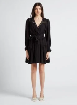 Suncoo CHRISSY - Black Embroidered Fitted Midi Dress