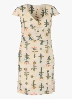 LE POTAGER - Beige Short Printed Cotton-blend V-neck Dress