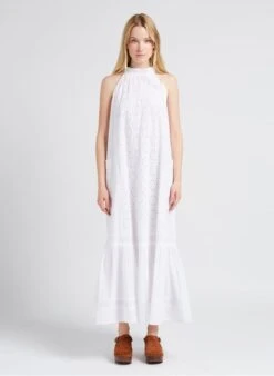 STELLA FOREST KATE - White Long Embroidered Cotton Crew-neck Dress
