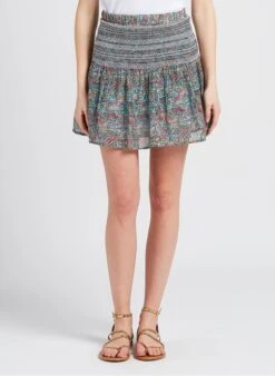 BERENICE JESSIE - Black Short Printed Smocked Cotton-blend Skirt