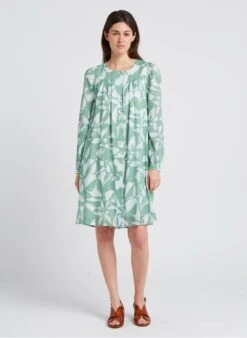 POLIN - Green Printed Round-neck Midi Dress