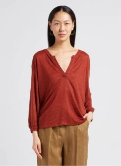 MAISON 123 CIRSEE - Orange Linen Henley T-shirt