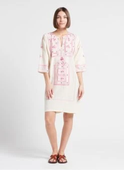 CLARA - White Short Embroidered Cotton-blend Henley Dress