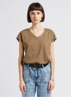 MAISON 123 MYRTILLE - Khaki Straight-cut V-neck Embroidered Cotton T-shirt