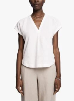 ESPRIT White V-neck Linen T-shirt
