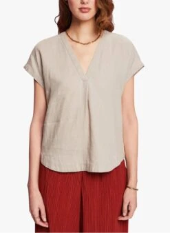 ESPRIT Beige V-neck Linen T-shirt