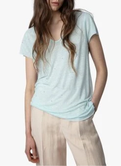 Zadig & Voltaire Green Linen-blend Henley T-shirt