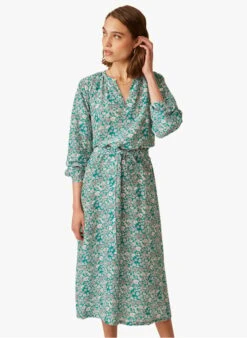 EVI - Blue Floral Print Henley Collar Midi Dress