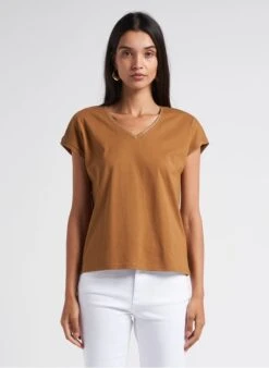 MAISON 123 MYRTILLE - Brown Straight-cut V-neck Embroidered Cotton T-shirt