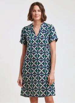 Blue Short Printed V-neck Dress