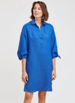 Blue Short Linen Dress With Shirt Collar